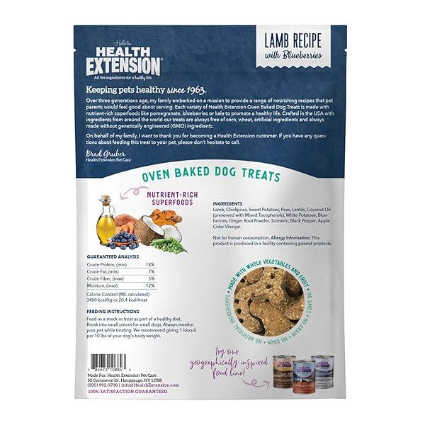HEALTH EXTENSION OVEN-BAKED DOG TREATS, LAMB RECIPE – GLUTEN & WHEAT-FREE, SUPERFOOD-INFUSED, CRUNCHY BISCUITS FOR PUPPY TRAINING (2.25 LB)