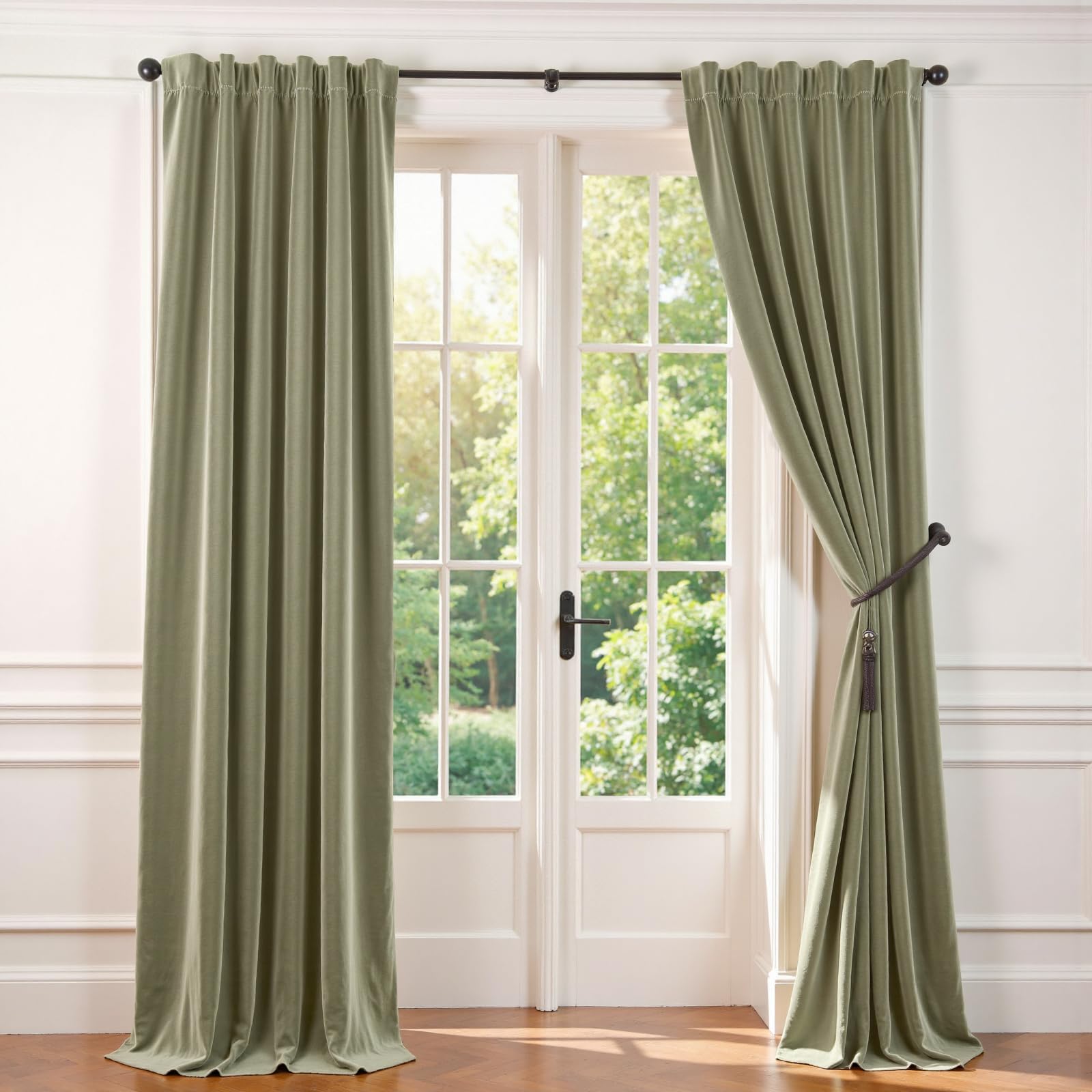 Lazzzy Green Velvet Blackout Curtain Thermal Insulated 108 Inch Extra Long Bedroom Living Room Drapes Soft Luxury Velvet Curtain Rod Pocket 1 Panel Sage Green