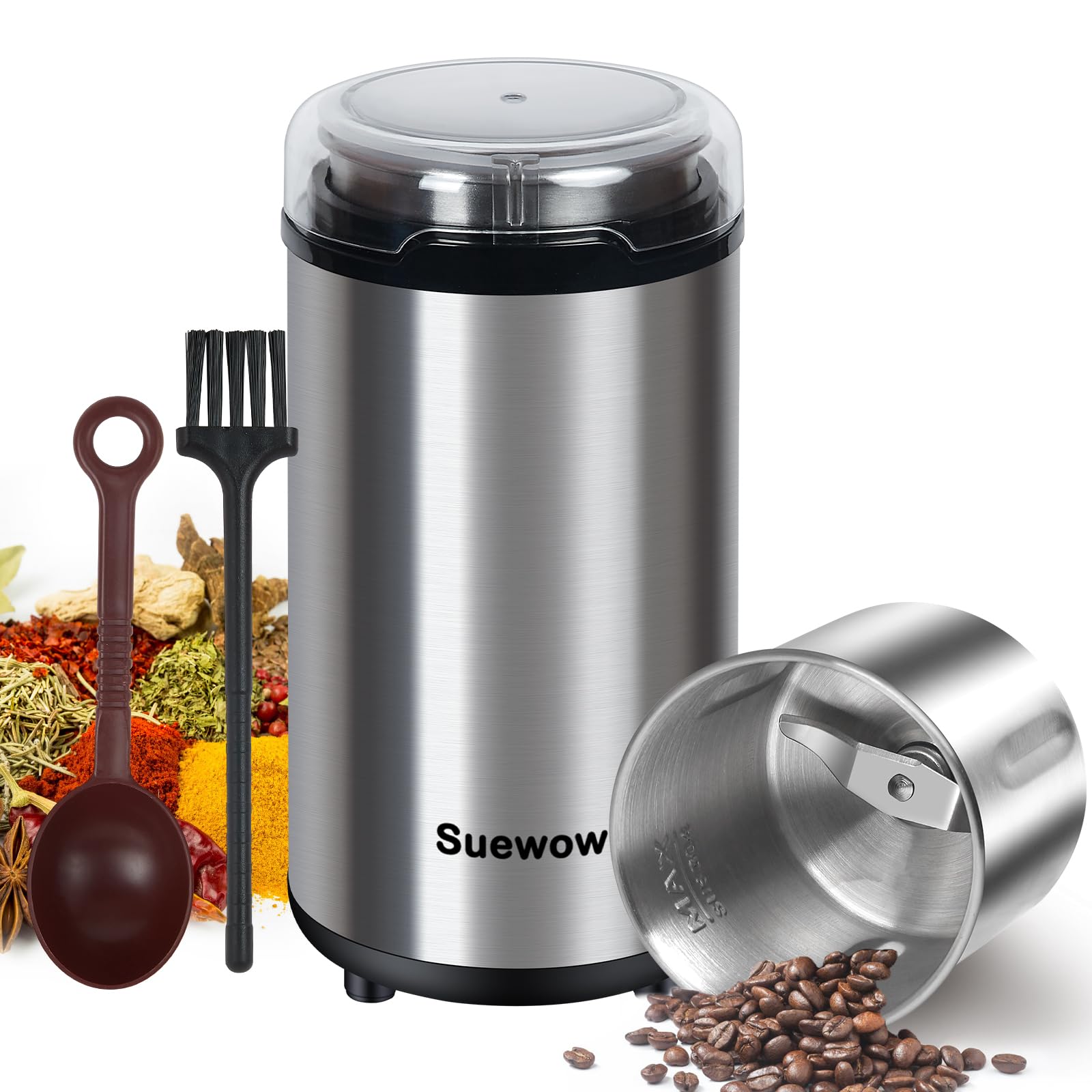 Suewow Electric Coffee Grinder - Powerful 200W Motor, Detachable Bean and Spice Grinder for Coffee Beans, Spices, Peanuts, Grains - Large Capacity Multipurpose Grinder(Silvery)