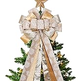 LaRibbons Large Gold Christmas Tree Topper Bow, 12"x45" Glitter Snowflake Ribbon Bow for Christmas Tree Decoration, Elegant Holiday Tree Ornament, Xmas Indoor Outdoor Decor