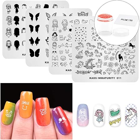 Amazon Kads ネイルスタンププレートセット 4枚プレート 1スタンプ スクレーパー 可愛い猫 美しい花柄 蝶など マニキュアスタンプ ネイルアート道具 ステンシル セット1 Kads ネイルスタンパー ステンシル 通販