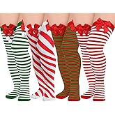 ShinyMatch 4 Pair Plus Size Christmas Striped Socks Nylon Thigh High Stockings Red Green Thin Over Knee High Socks for Women