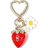 Timerchin Cute Strawberry Keychain for Women,Kawaii Bag Charm with Daisy,Purse Accessories for Girls Backpack,Car Keys,Bag