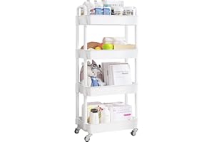 UDEAR 4-Tier Rolling Utility Cart with 12 Category Labels,Multifunctional Storage Shelves with Handle and Lockable Wheels for Room,Office,Kitchen,Bathroom,White