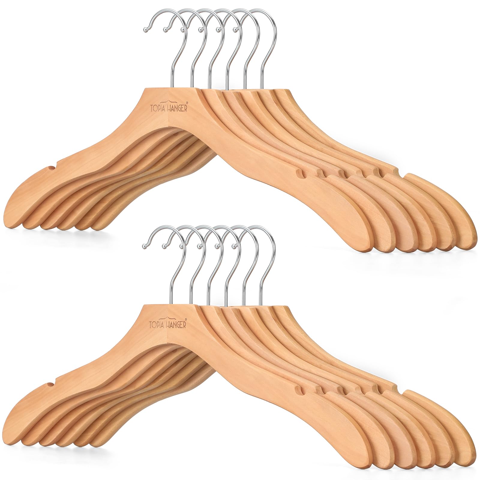 Photo 1 of TOPIA HANGER Wooden Coat Hangers 12 Pack, Premium Wood Top Suit Hangers with No Shoulder Bump, 360° Swivel Hook and Cut Notches Clothes Hangers for Sweater, Coat, Shirts, Jackets, Dress, Natural CT84N