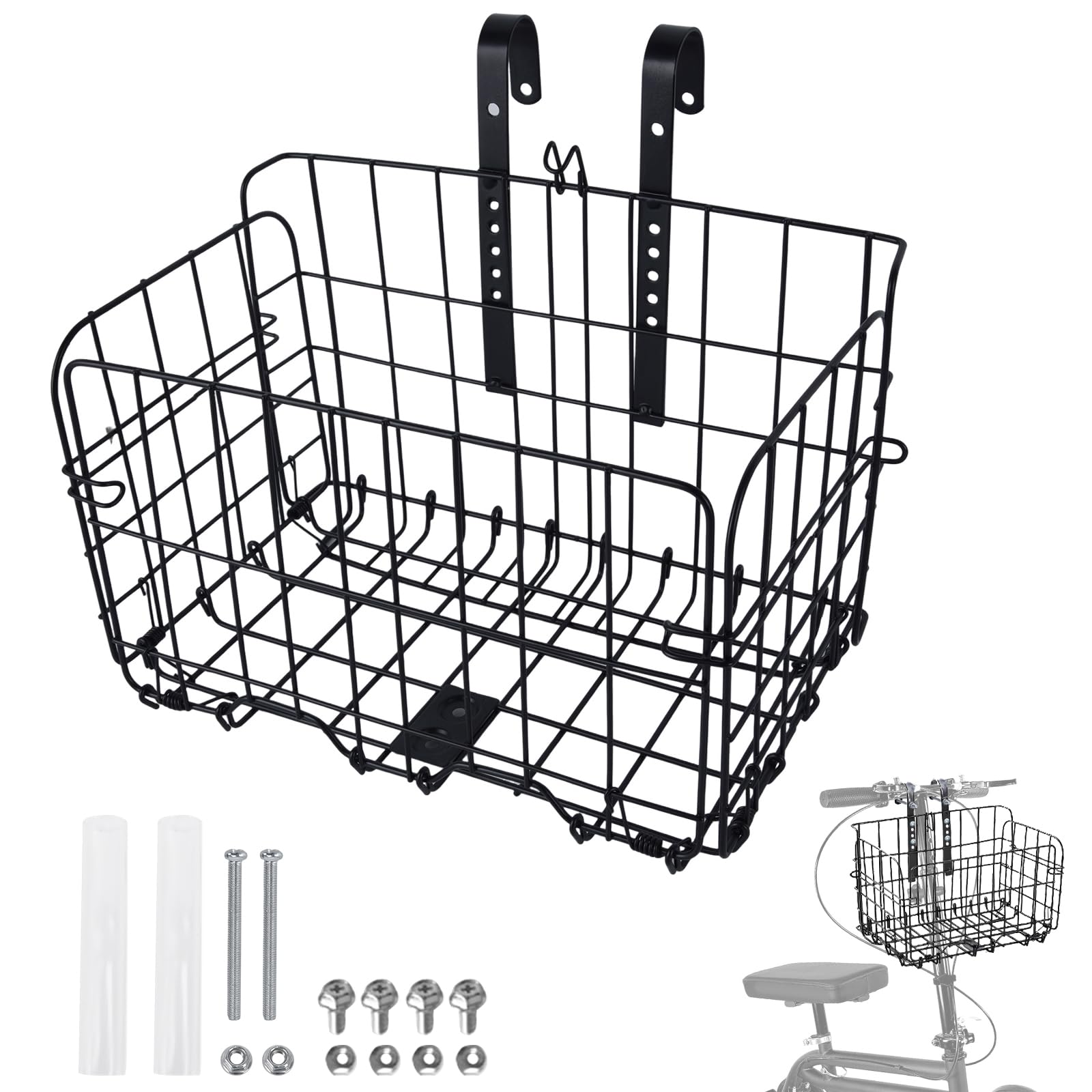 Photo 1 of diatomiteco Knee Scooter Basket Accessory, Removable Wire Basket, Fits Most Knee Scooter Models, Easy Installation, Foldable Design, Black Metal Handlebar Mount
