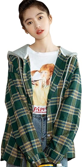 Amazon Lasher シャツ レディース チェック柄 ゆったり パーカーシャツ 長袖 上着 トップス 綿 カジュアル フード付き おしゃれ コーデ 可愛い 羽織 春秋 トレーナー パーカー 通販