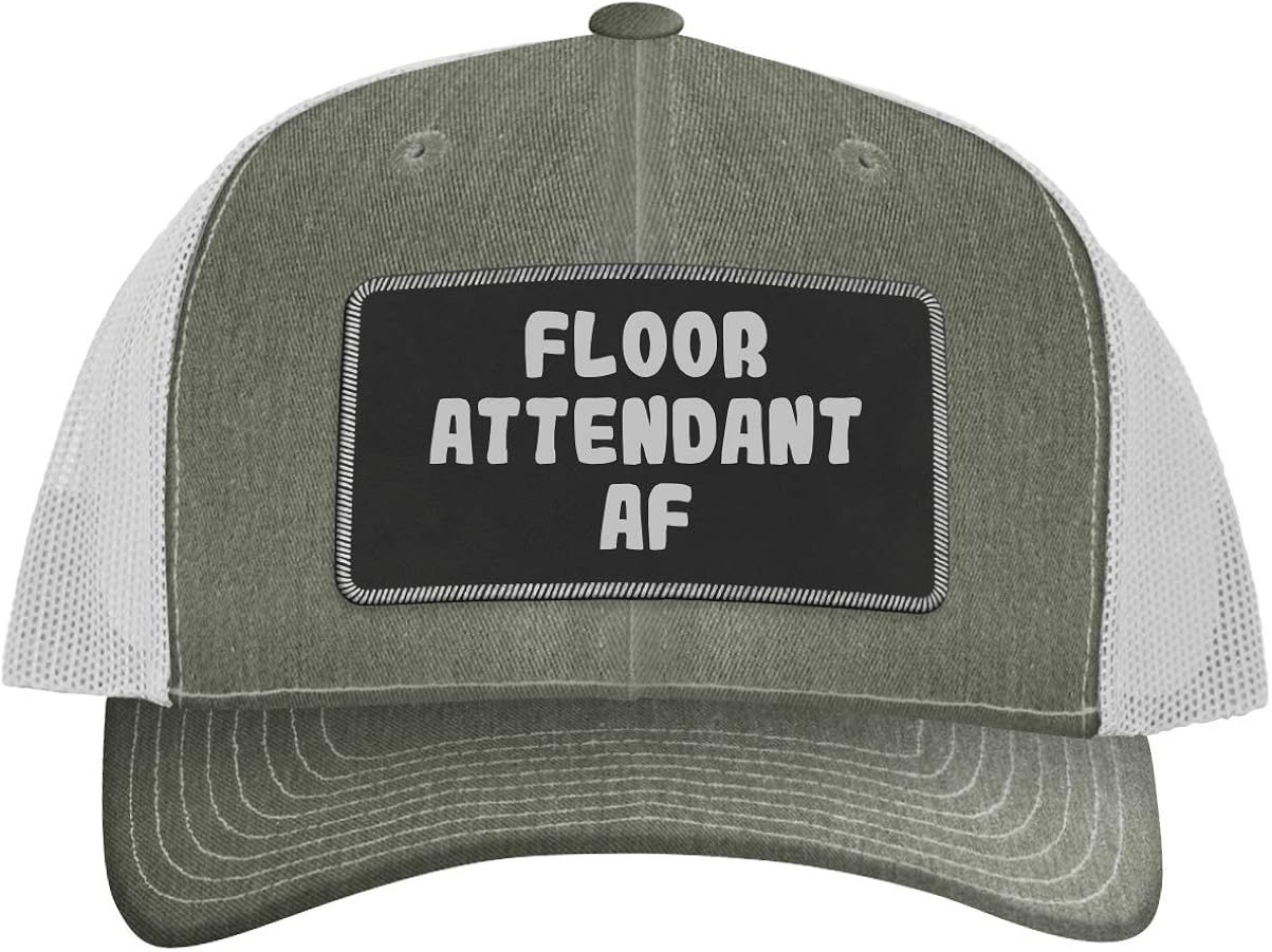 Floor Attendant AF Leather Black Patch Engraved Trucker Hat, Heather