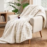 PTQ Heated Throw Blanket, Waffle Faux Fur &amp; Sherpa Electric Blanket, Beige | Fast Heating, NTC Overheat Protection, 6 Heat Settings, 1-4H Auto Off Timer, Ideal for Couch