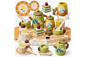 RRIBOUDWAN Wooden Tea Set for Toddlers, Pretend Play Tea Party Toys Age 3-5 Kids Girls & Boys Gift