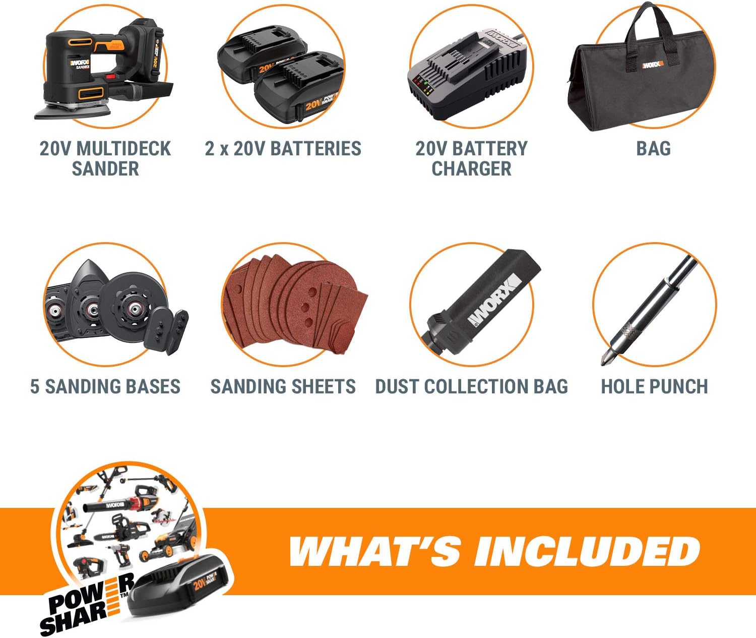 WORX WX820L.2 20V 2.0Ah Cordless Multi-Purpose Sander with 2 Batteries and 1 Charger - - 