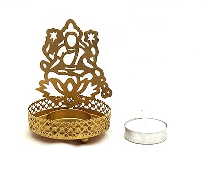 SE Home Shadow Laxmi ji Metal Tea Light Holder Set, Brass Finish Pooja Diwali Candle Holder with Free Wax Diya