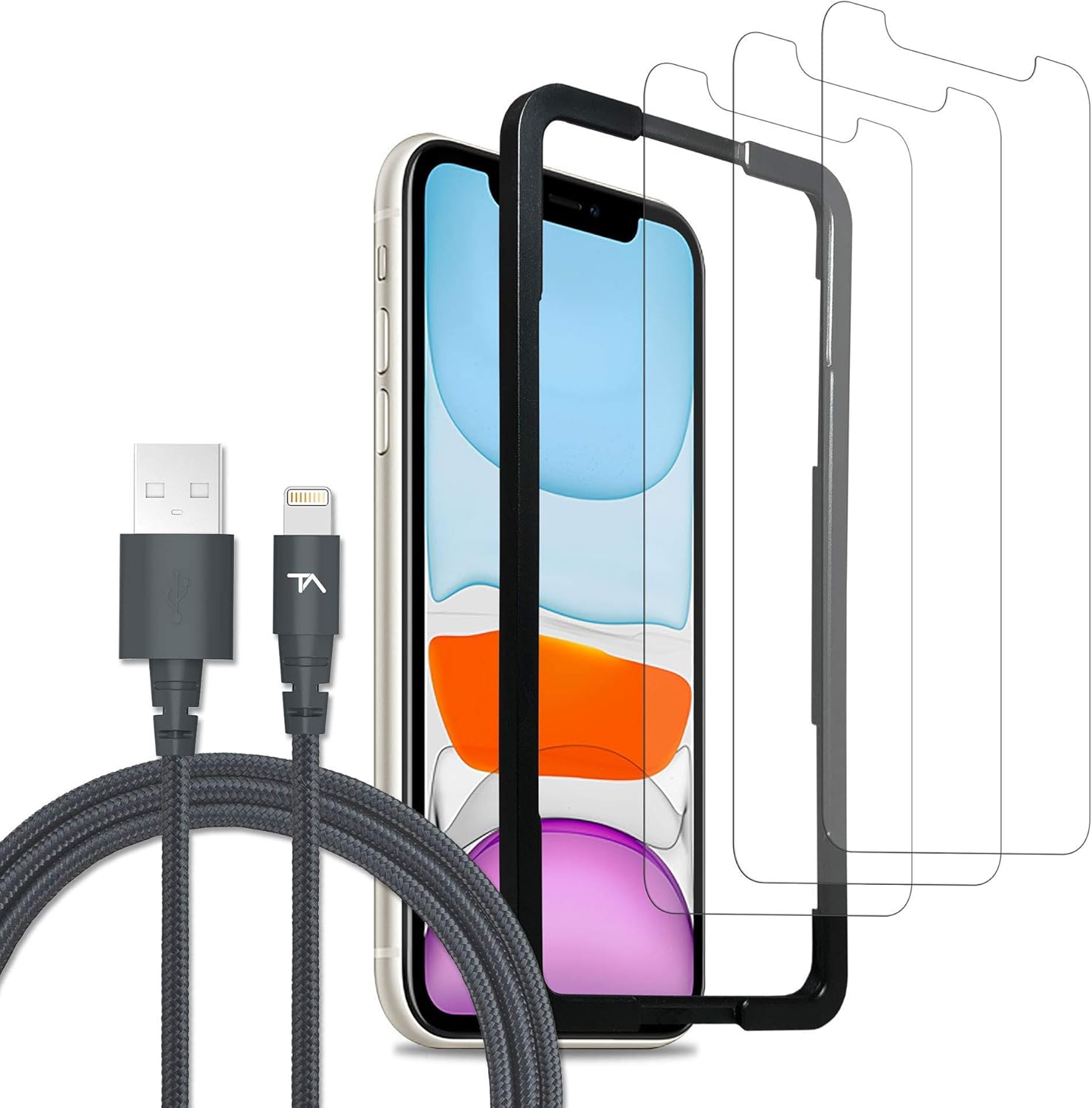 Tech Armor Ultimate Protection Bundle for Apple iPhone 11 / iPhone Xr - Apple MFi Certified Lightning Cable [2 FT, Space Gray] and Ballistic Glass Screen Protector [3-Pack] with Easy Installation Tray