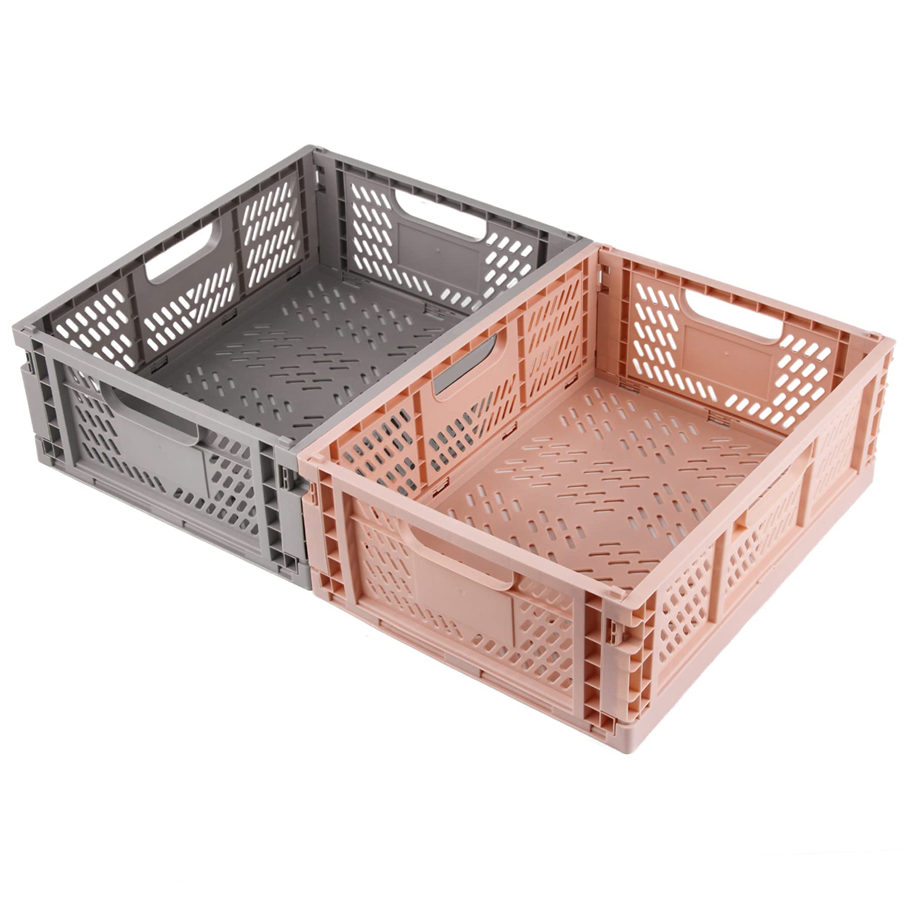 Spesh 2 Pcs Collapsible Crates Storage Boxes Stackable Storage Baskets Plastic Folding Crate Boxes with Handles for Kitchen,Living Room,Office(40*30*15cm,Pink+Grey)