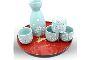 Japanese Ceramic Sake Set ~ 5 Piece Sake Set (Included 1 TOKKURI bottle and 4 OCHOKO cups) with White Plum-Flower Patterns Sa