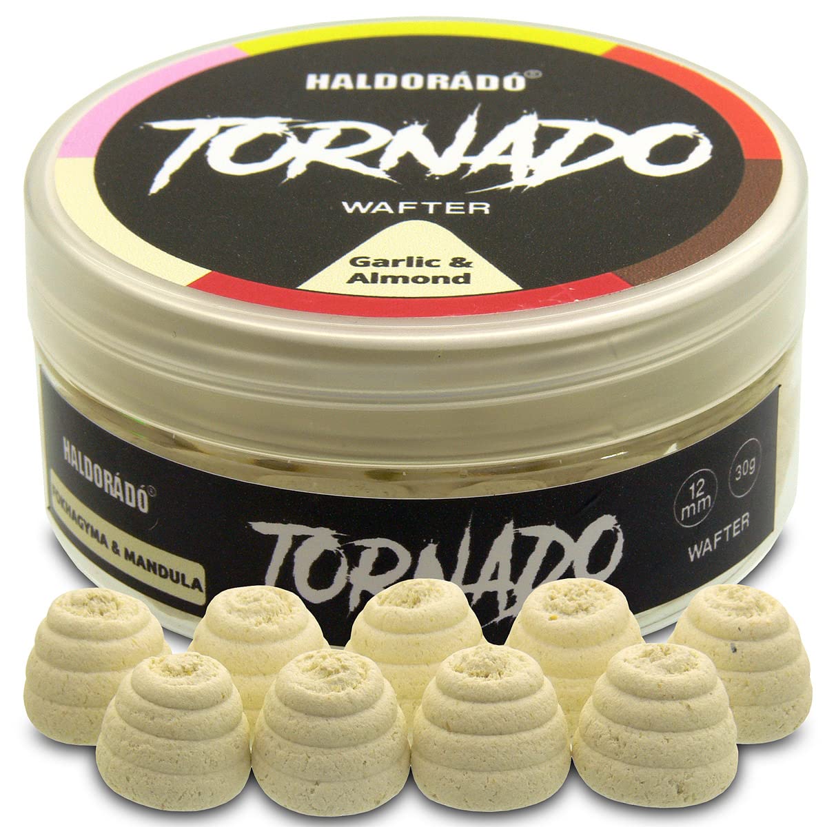 Haldorado Tornado Wafter Pellet Boilie Bait, Carp Feeder Fishing, Special Shape, 100% Biodegradable,12 mm wide and 11 mm long, White, Garlic & Almonds 30Grams
