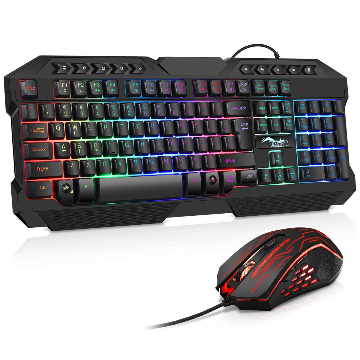 BAKTH Gaming Keyboard and Mouse Set, LED Backlight QWERTZ DE Layout, Rainbow Colours, Illuminated USB Waterproof Keyboard and Mouse with 3600 DPI for Pro PC Gamer