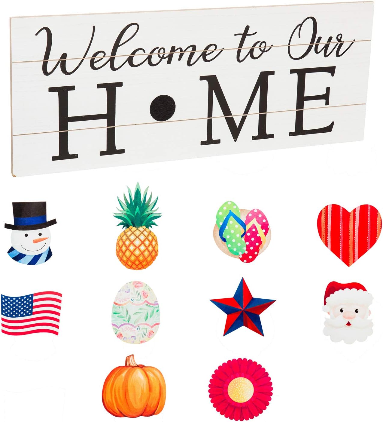 Cypress HomeWelcome to our Home Interchangeable Wood Sign | 10 pieces for all Holidays and Seaons | Rustic Farmhouse Wall Art Decor | 28 Inches x 11 Inches