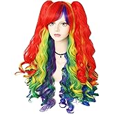 Anogol Hair Cap+ Rainbow Wig with 2 Curly Ponytails Cosplay Long Curly Rainbow Wigs for Halloween Costume Womens Pride Day Outfit Parade Party Hair Mardi Gras Wig (Red Blue Purple Yellow Green Purple)