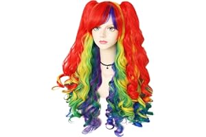 Anogol Hair Cap+ Rainbow Wig Costumes for Women with 2 Curly Ponytail Wig Long Curly Wig Rainbow Cosplay Wig for Halloween Costume Party For Women Pride Day Outfit Parade Party Wig (Red Blue Yellow)