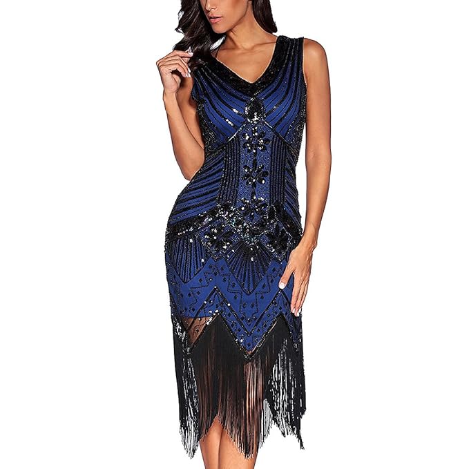 Comeon Damen Flapper Kleider voller Pailletten Retro 1920er Jahre Stil V-Ausschnitt Great Gatsby Motto Party Damen Kostüm Kle