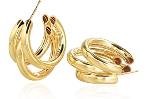 TEWIKY Chunky Gold Hoop Earrings for Women, 14k Gold Plated Thick Triple Hoop Earrings Hypoallergenic Trendy Chunky Gold Hoops Earrings Dainty Jewelry Gifts for Women