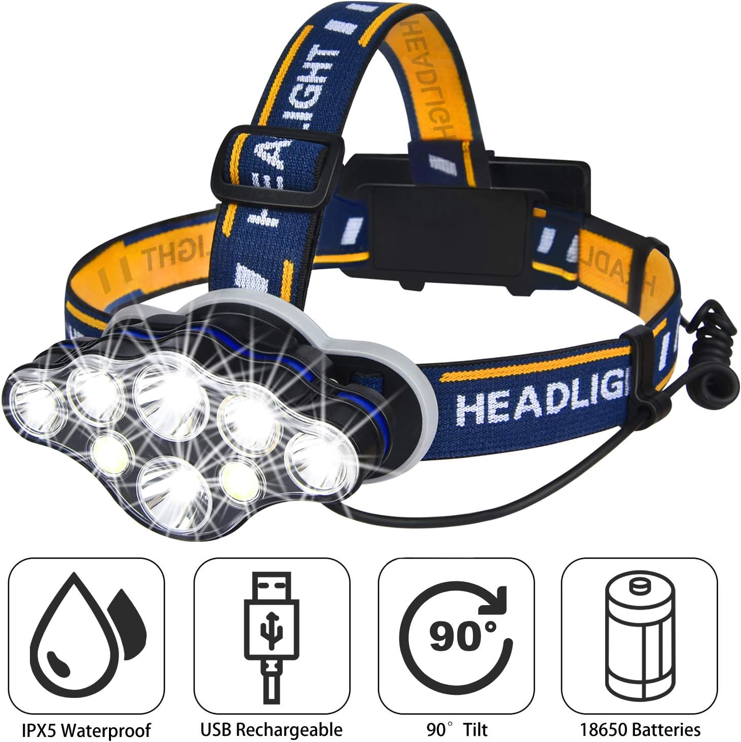 Rechargeable LED Headlamp, High Lumen IPX5 Waterproof 8 LED 8 Modes Headlamps with Red Light, Lightweight Adjustable Head Lamp for Running, Camping, Repairing, Hiking (USB Cable, Battery Include) - - 