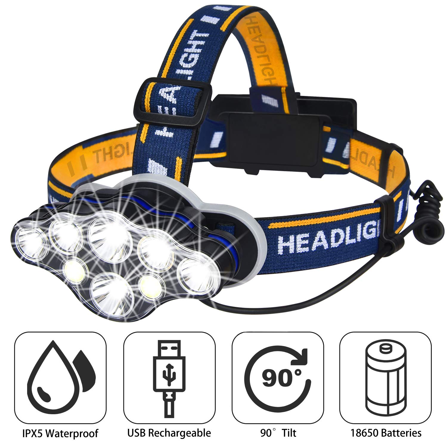 Rechargeable LED Headlamp, High Lumen IPX5 Waterproof 8 LED 8 Modes Headlamps with Red Light, Lightweight Adjustable Head Lamp for Running, Camping, Repairing, Hiking (USB Cable, Battery Include)