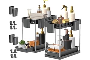 DECOMOMO Undersink Organizers and Storage, 2-Pack Cabinet Storage with Hooks and Cups, 2 Tier Under Sink Organizer for Bathro