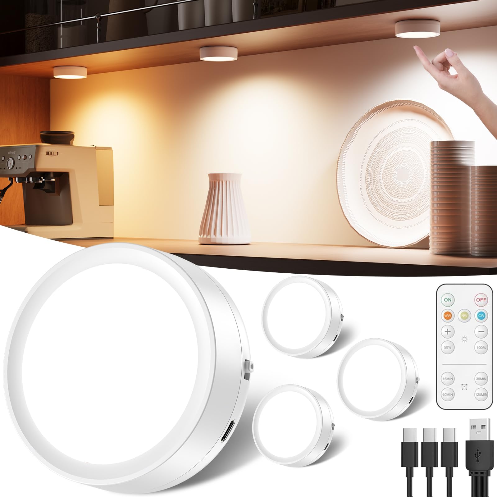 Photo 1 of USB Rechargeable LED Puck Lights with Remote Control, 2400mAh Battery Operated Push Lights Stick on Magnetic Tap Light for Closet Wireless Kitchen Under Cabinet Touch Lighting Shelf Press Button Light
