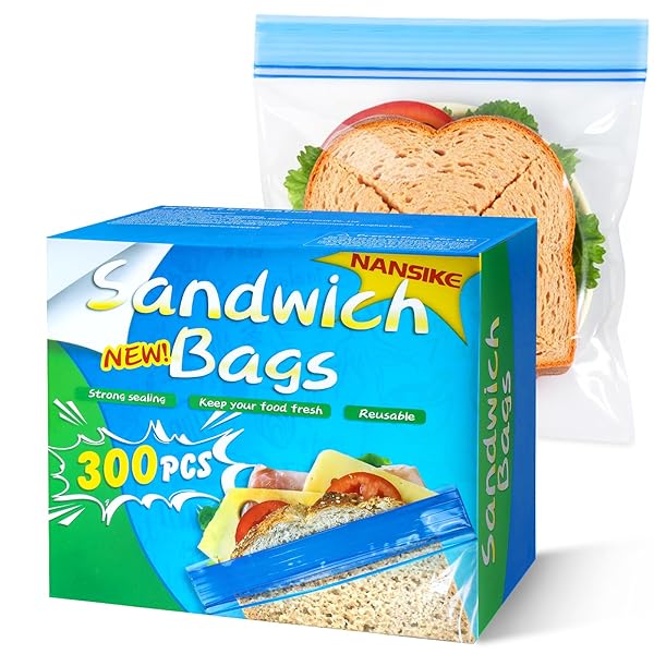 NANSIKE SANDWICH BAGS AND SNACK PACKS, ZIP SEAL FOOD STORAGE BAGS, EASY OPENING, MADE WITHOUT PFAS AND BPA EASY TO FILL FOR LUNCH SUITABLE FOR HOME AND TRAVELLING 300 BAGS