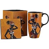 Topadorn Ceramic Coffee Mug Travel Cup Gift with Lid 17oz., Porcelain Tall Tea Cup with Handle for Home & Office, Black Woman Art Pattern Mug with Gift Box, 6.5" H