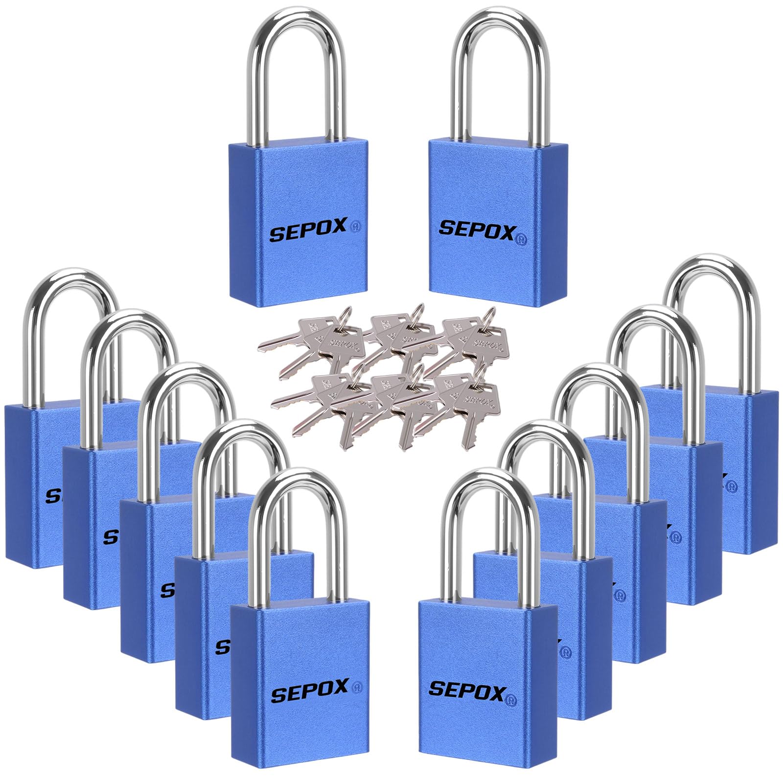 SEPOX Weatherproof Solid Aluminum Keyed Alike Padlock Industrial-Grade Blue 12Pc Padlocks for Security Waterproof, Corrosion Resistant Safety for Lock-Out, Garden, Locker-Lock, Sheds, Cabinets, Doors