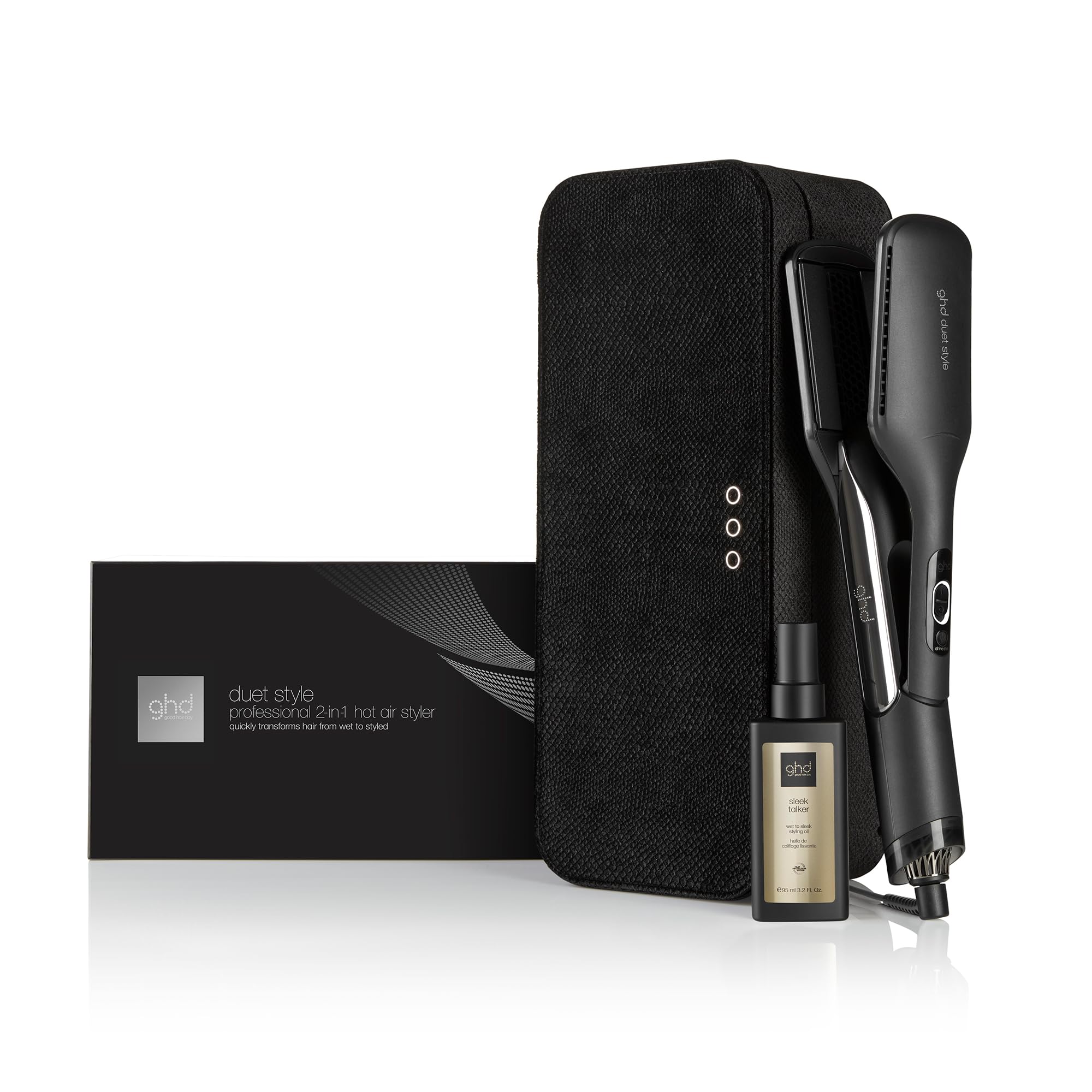 Photo 1 of ghd Duet Style Power Couple | Duet 2-in-1 Hot Air Hair Styler (Black) and Sleek Talker Wet to Sleek Hair Styling Oil (3.2 fl. Oz.) with Heat-Resistant Bag