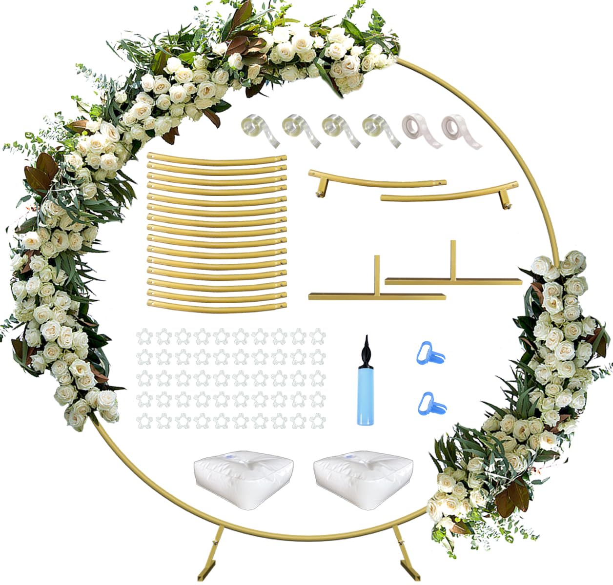 Photo 1 of **MISSING ASSEMBLY HARDWARE PIECES** Queension Large Wedding Arch for Ceremony 7 Ft, Metal Balloon Arches Backdrop Stand with Metal Base for Party Supplies, Outdoor Garden Trellis with Water Bag for Climbing Plant, Round Frame, Gold