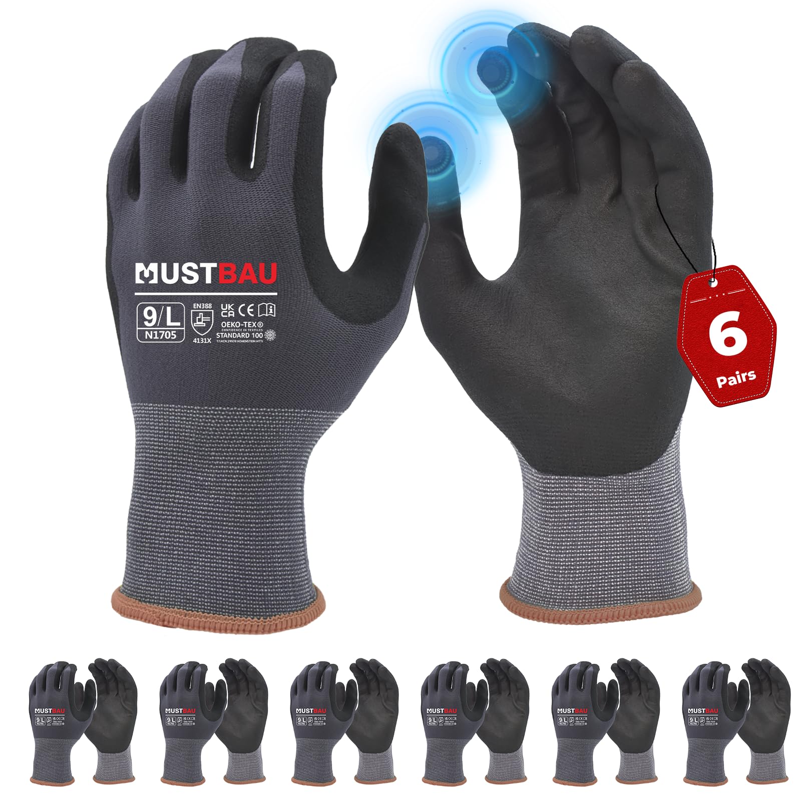 Mustbau 6 Pairs Safety Work Gloves,Non-Slip Gardening Gloves, Abrasion Resistant Nylon Working Gloves,Good Grip on Palm and Fingers,Ideal for Men Women General Duty Work-L