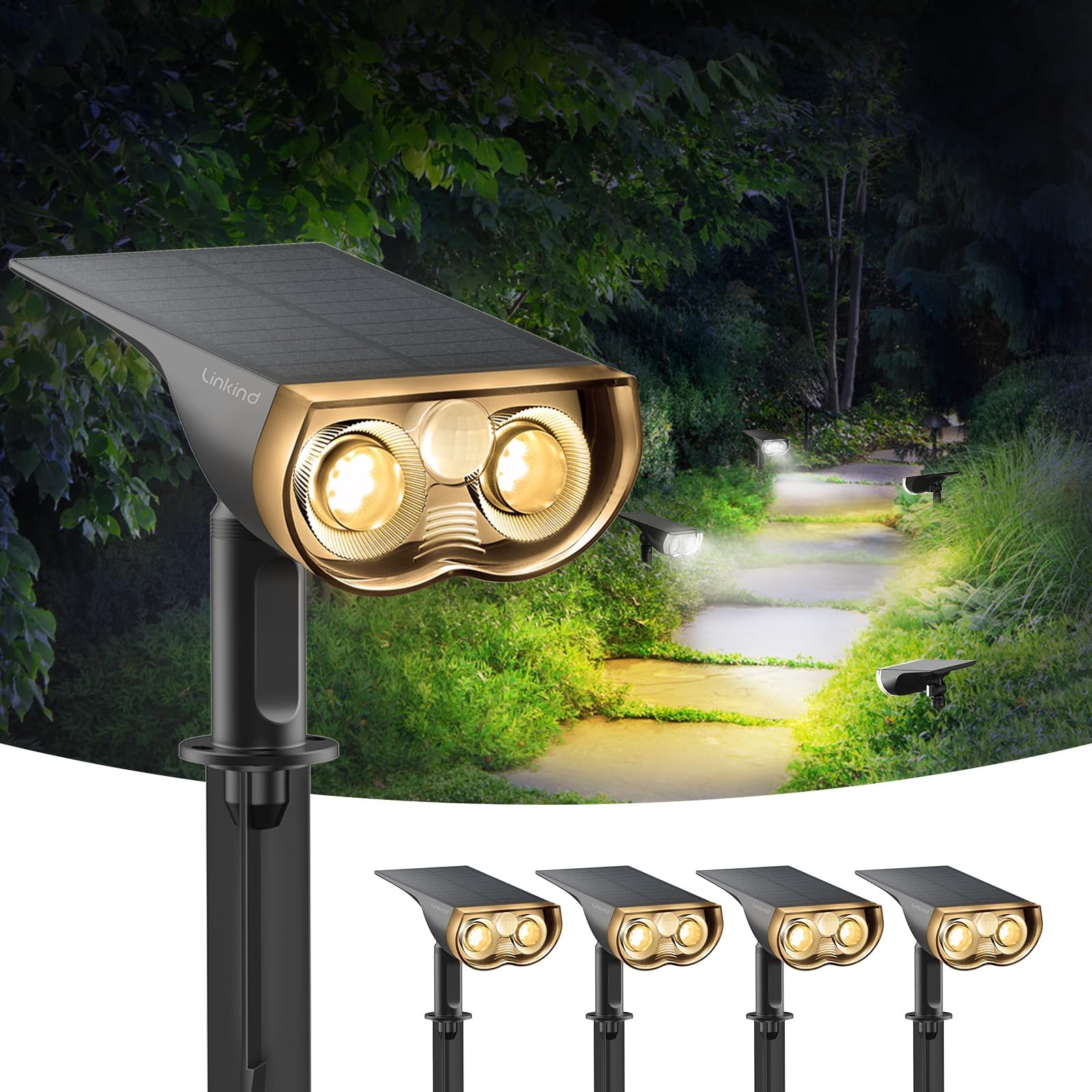 Linkind Solar Lights Outdoor,Motion Sensor Solar Security Lights, IP67 Waterproof, 6500K&3000K Warm White Solar Powered Spot Lights for Garden Fence Yard Garage Pathway, 4 Pack — image 1