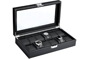 Mantello Watch Box - 12 Slot Watch Cases for Men- Watch Case with Large Glass Top - Watch Box Organizer for Men (Black)