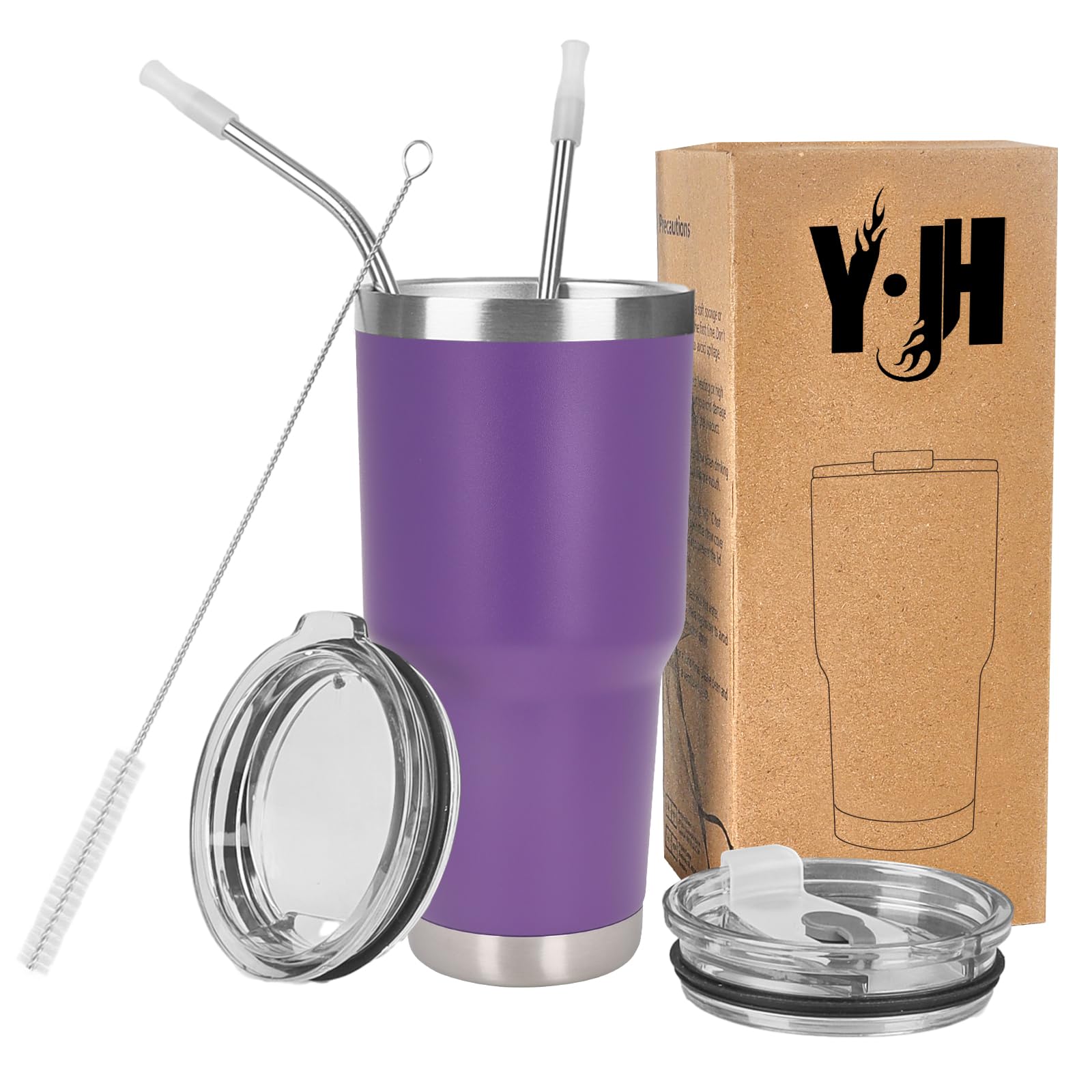 Y·J&H 30oz (850ml) Travel Tumbler Double Wall Vacuum Insulated Coffee Mug Stainless Steel Coffee Cup with 2 Splash Proof Lid, 2 Straws & Free Cleaning Brush, BPA Free - Purple