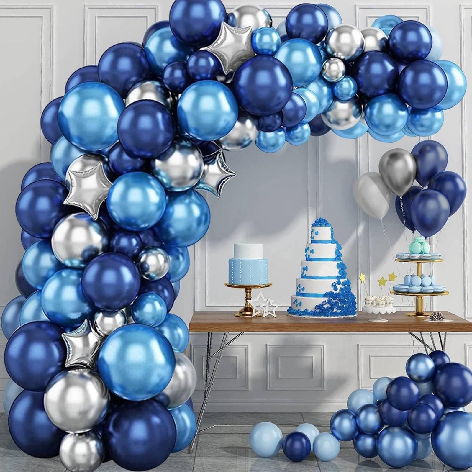 Blue Balloon Arch Kit,101pcs Navy Blue Silver Balloons Garland Arch Kit with Foil Star Ballons for Men Boys Birthday Party Decoration, Space Party, Baby Shower, 1st Birthday, Graduation, Wedding