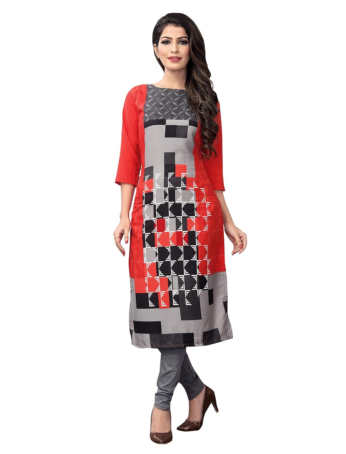 1 stop fashion women's red crep knee long straight kurti
