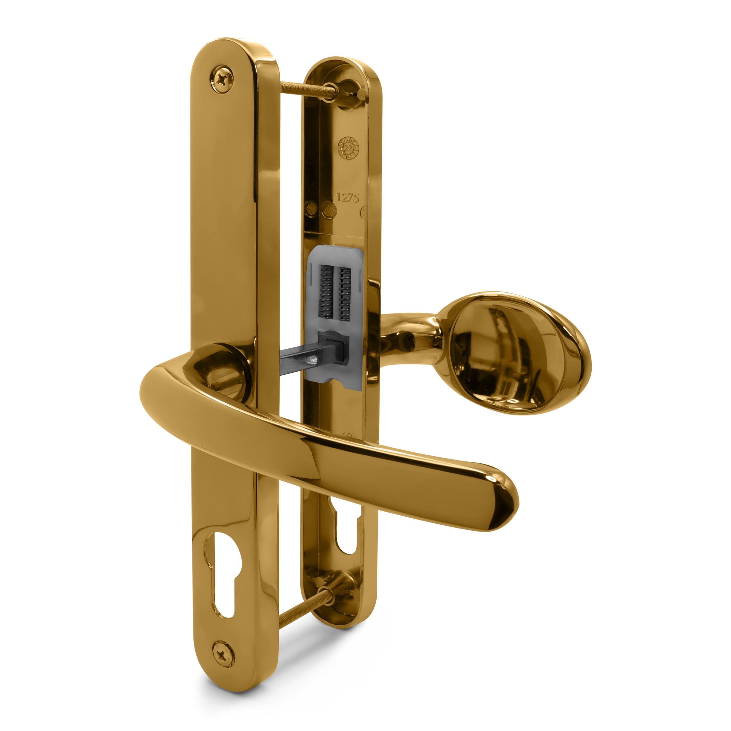 TSS Polished Brass UPVC Door Handle Pair Set with Lever and Pad, Suits Fullex Locks, Sprung, 68mm PZ (Centres), 215mm Screw to Screw, Backplate 245mm x 32mm, Replacement PVC Door Handle in Brass