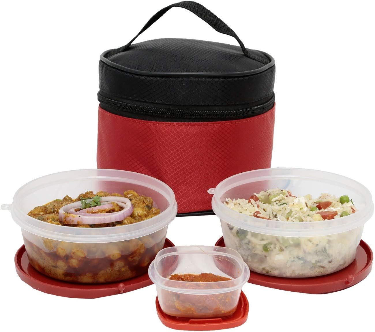 SIMPARTE Plastic Airtight Microwave-Safe Dishwasher-Safe 3-Pieces Lunch Box with Flexi Lid with Insulated Bag (2x500 ml, 1x125 ml | Patterned Red Bag)