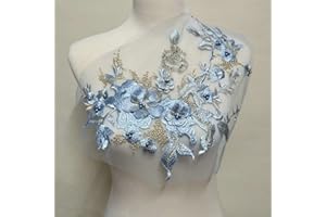 FEEPOP 3D Embroidered Patches Nail Bead Tulle Applique Flower Patch for Clothing Wedding Dress Lace C Fabric DIY Decoration (Color F)