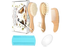 Esonto Baby Hair Care Kit, 5 in 1 Wooden Natural Goat Bristles Brush Cradle Cap Comb Baby Grooming Kit for Newborns Toddlers Boys Girls Gift
