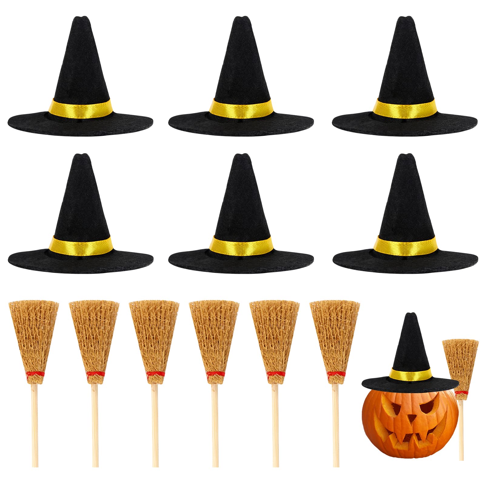 Halloween Mini Witch Hats and Mini Broom Mini Felt Witch Hats Witch Brooms Halloween Wizard Decorations Accessory DIY Crafts Wine Bottle Topper Table Decoration for Festival Halloween Party