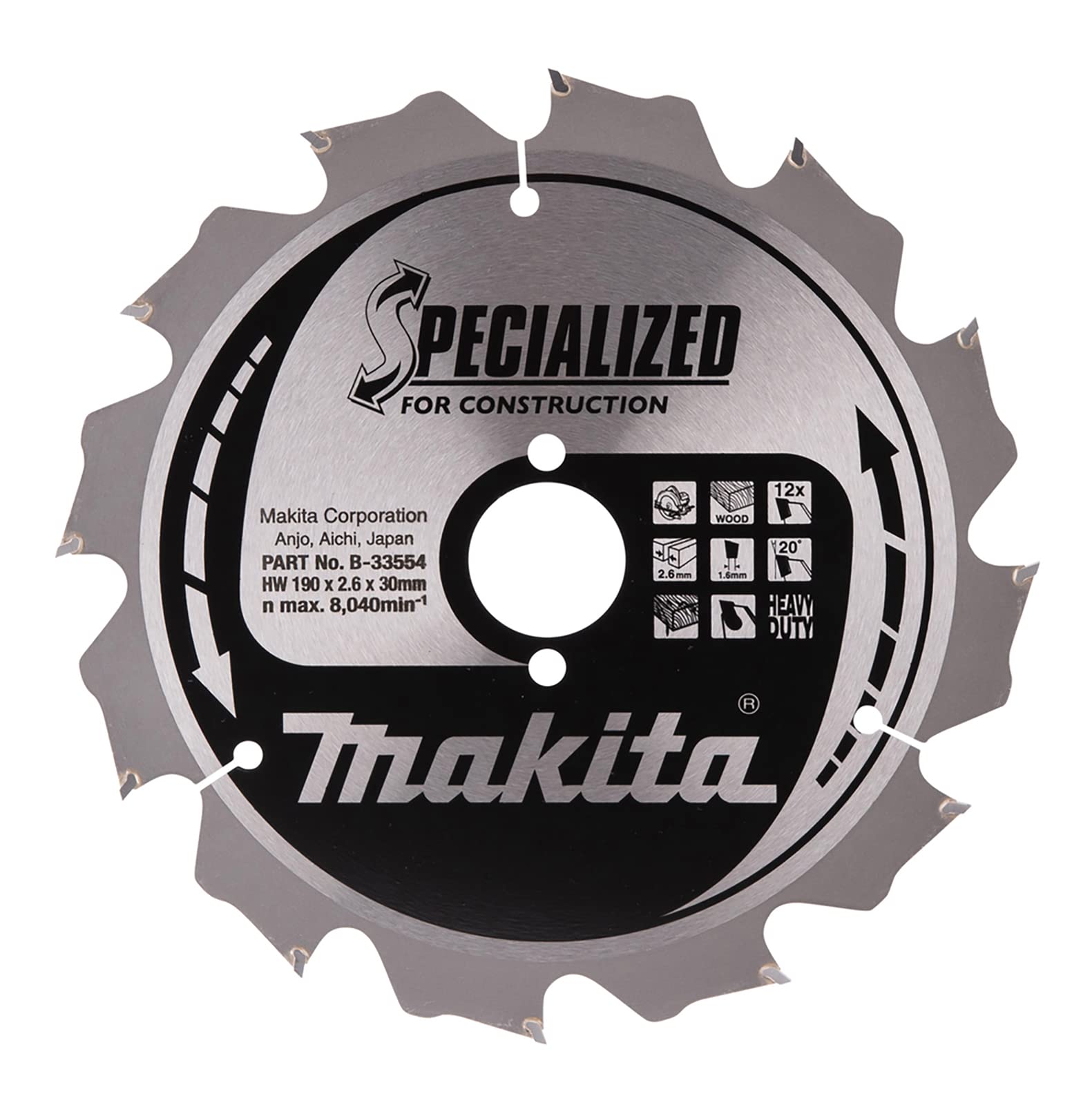 Makita B-33554 Specialized TCT Saw Blade for Construction 190x30x12T
