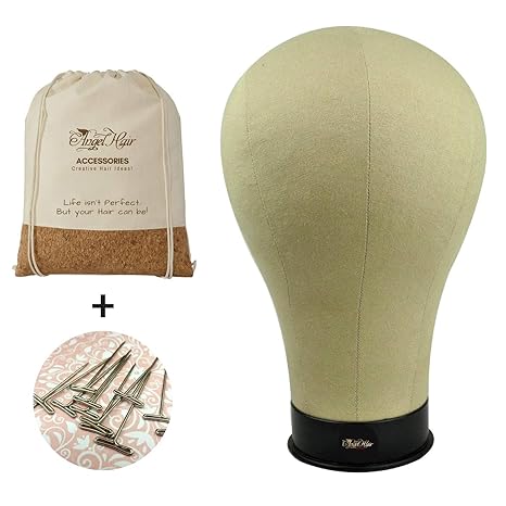 PERÜCKENKOPF - MANNEQUIN FÜR DIY PERÜCKEN HERSTELLUNG+T-NADEL & AUFBEWAHRUNGSTASCHE. WIG DISPLAY HEAD AUS NATÜRLICHEM KORKHOL