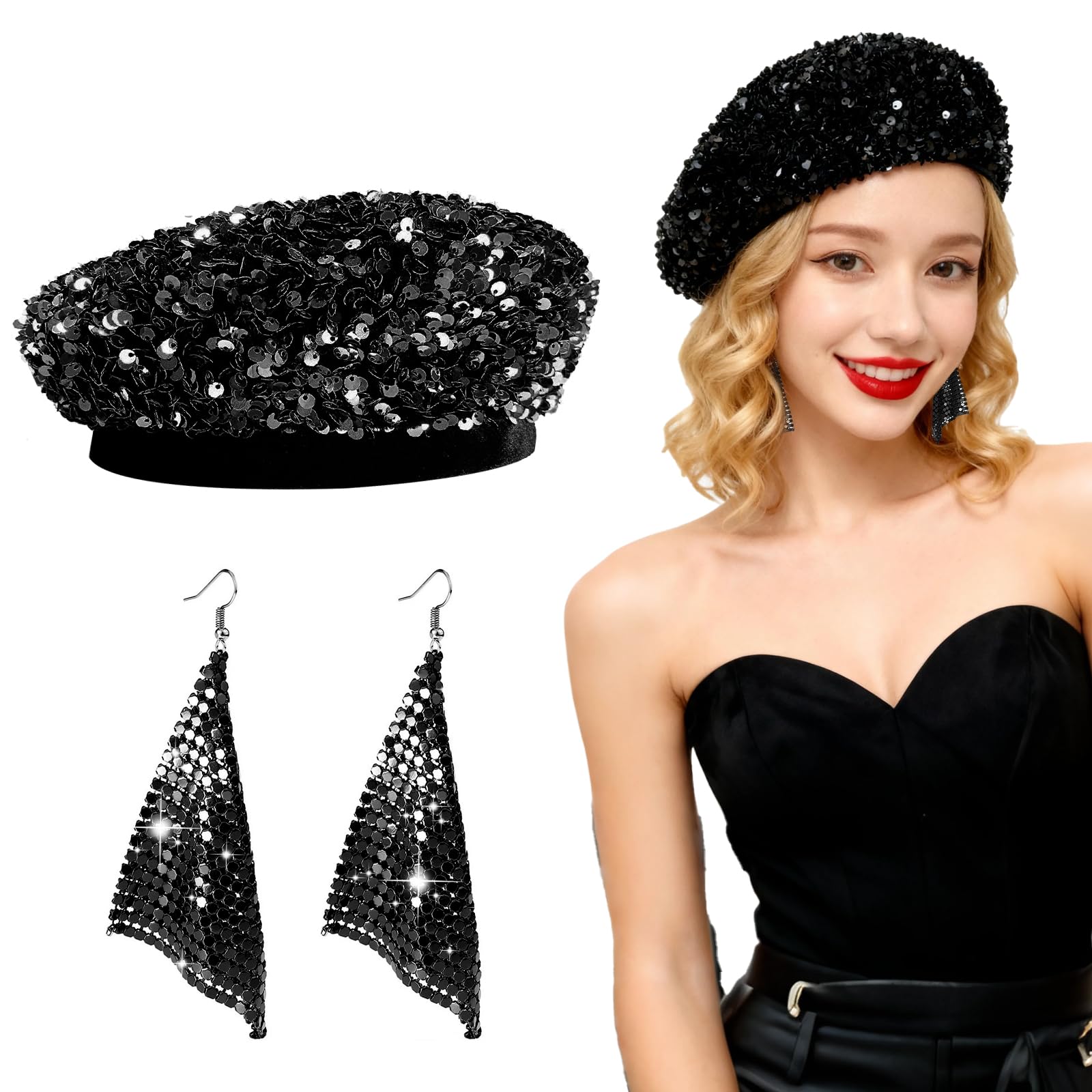 AffeGifts Abba Accessories for Women, Shiny Abba Hats with Sequins Earrings Disco Beret Hat 1970s Fancy Dress Disco Costume for Women 70s 80s Theme Party