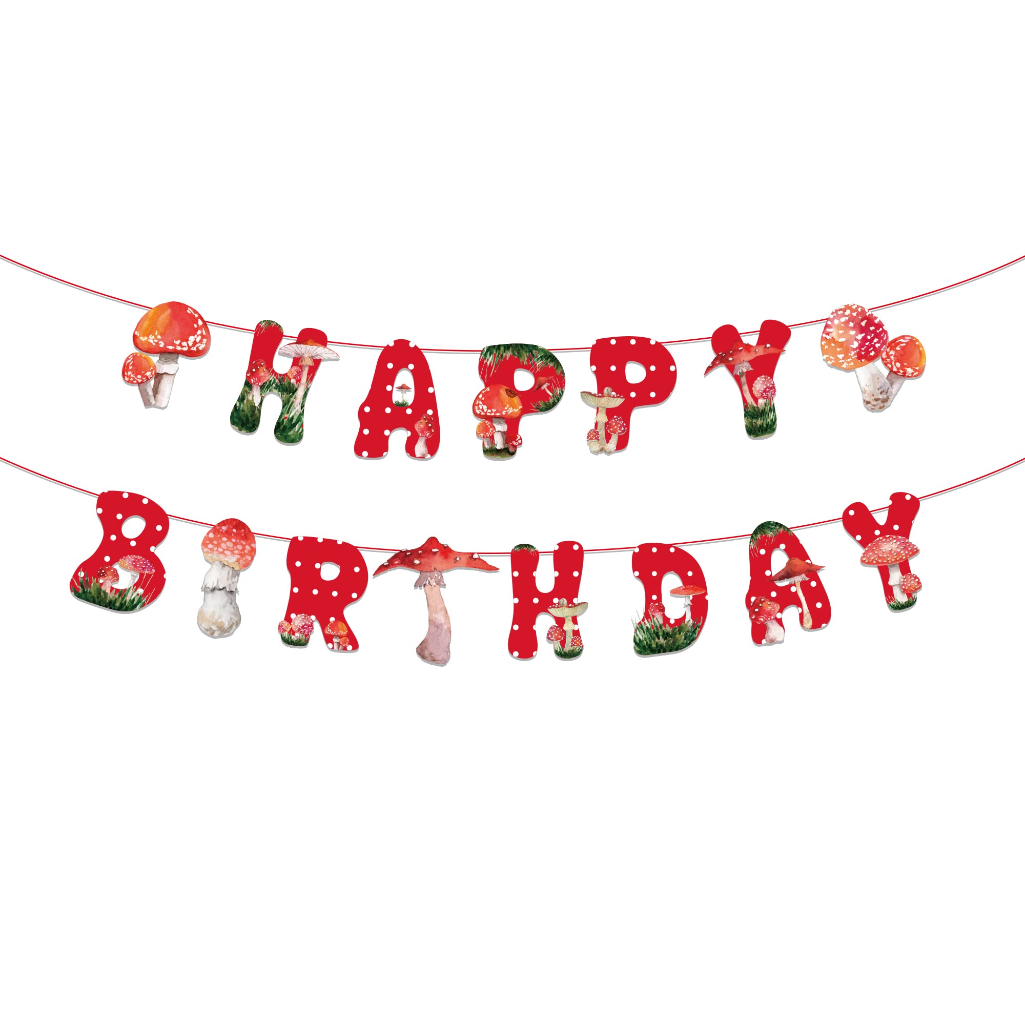 CC HOME Red Mushroom Happy Birthday Banner, Watercolor Mushroom Banner, Colorful Mushroom Theme Boys Girls Kids Home Classroom Baby Showers 1st Birthday Party Decorations Supplies